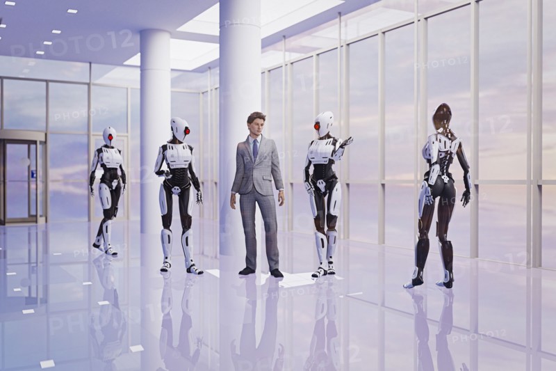 Businessmen with futuristic women robots