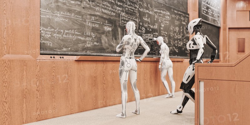 Robot women solving equations on blackboard