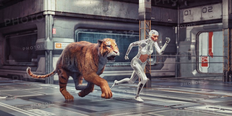 Futuristic woman robot racing tiger