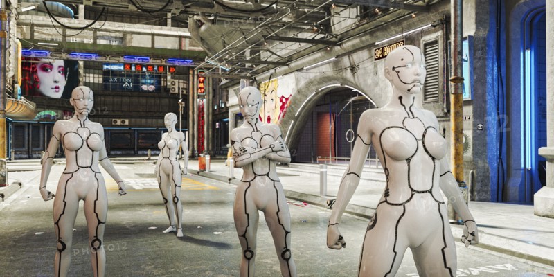 Women robots in futuristic city