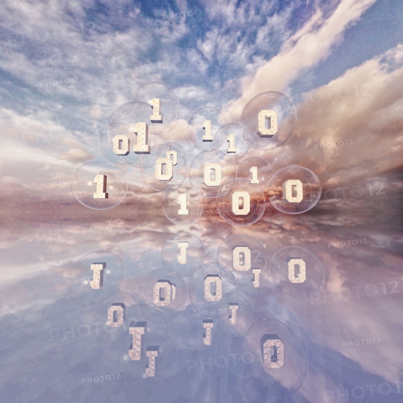 Reflection of binary code floating in sky