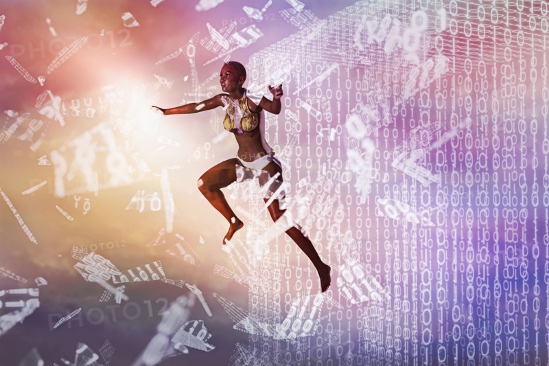 Woman floating in virtual hologram