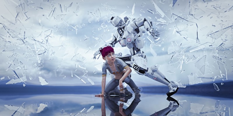 Robot protecting woman from falling shards of glass