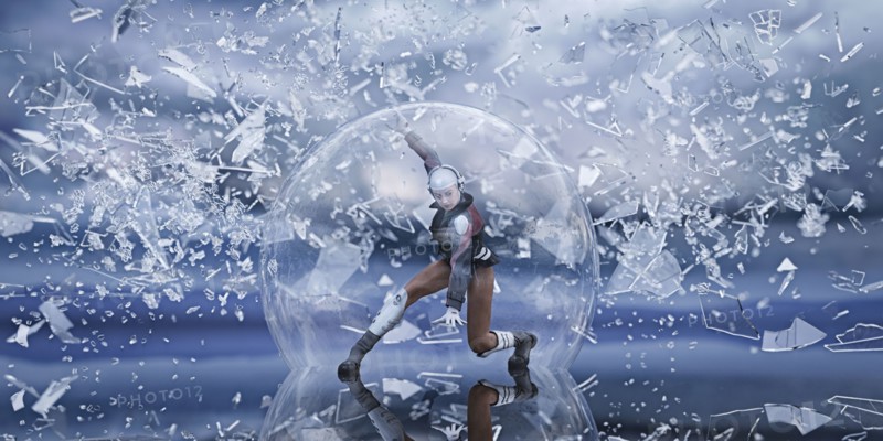 Futuristic woman in sphere protected from falling shards of glass