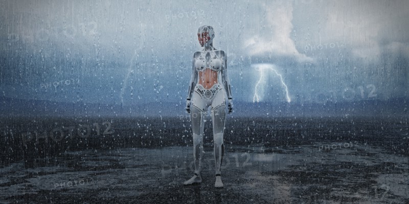 Futuristic woman standing in rain storm