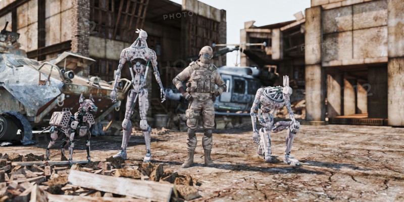 Soldier and military robots standing near rubble