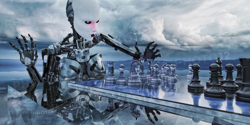 Robot woman playing chess in clouds