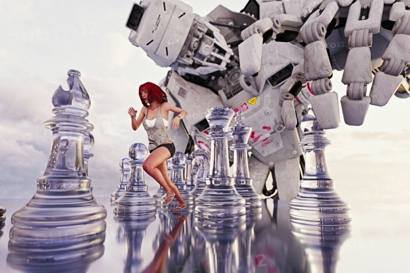 Woman running between chess pieces from giant robot