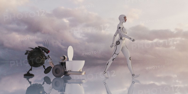Robot pushing portable toilet behind android woman