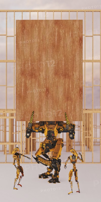 Construction robot holding wooden board with copy space