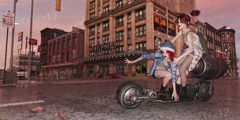 Girls riding futuristic skateboard in city