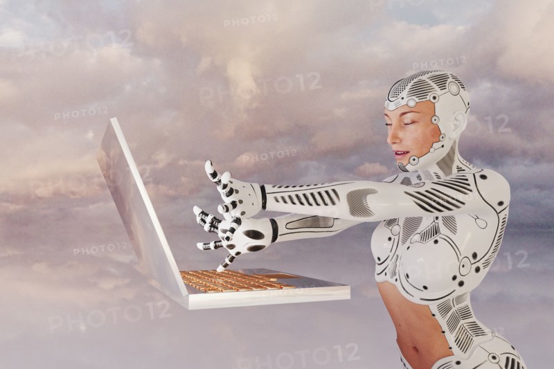 Robot woman using floating laptop