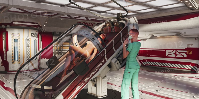 Surgeon standing near woman on futuristic operating table