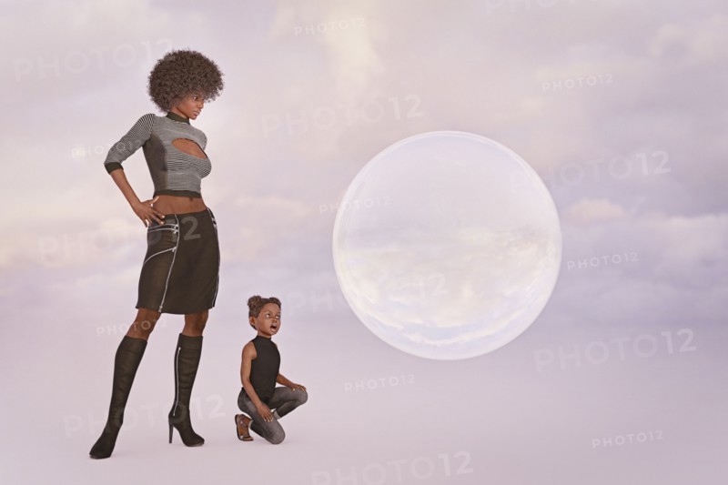 Surprised mother and daughter watching floating sphere