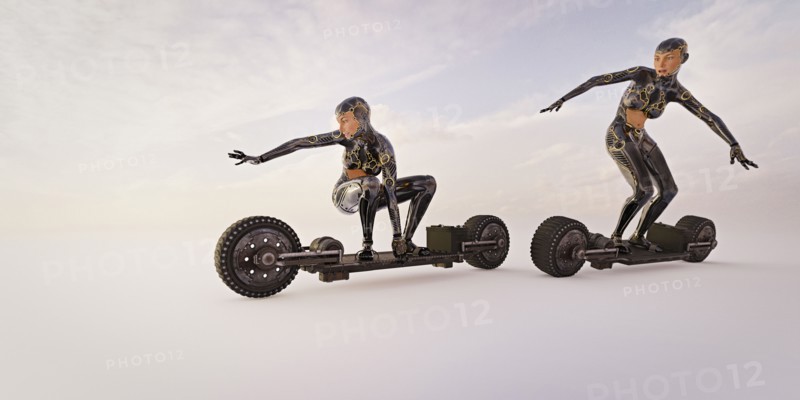 Robot women riding futuristic skateboards