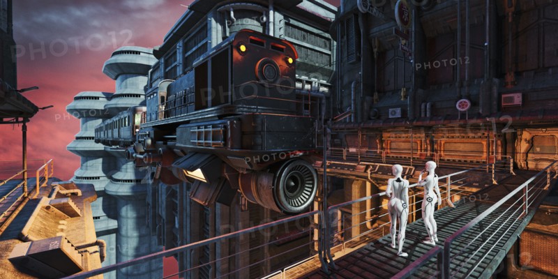 Robots watching flying train in futuristic city
