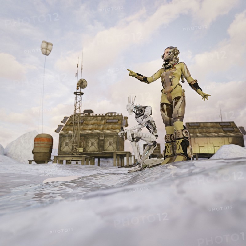 Futuristic woman and robot exploring frozen tundra