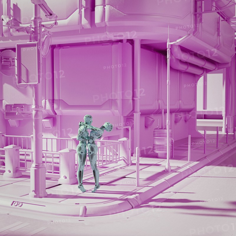 Robot couple hugging in futuristic pink city