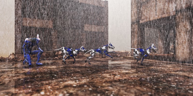 Robot dogs running in rain