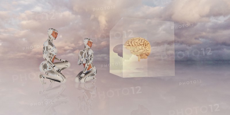 Women robots crouching near brain in cube