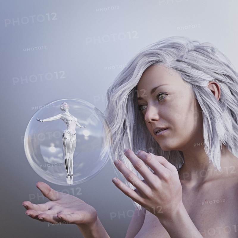 Women watching robot woman in floating sphere