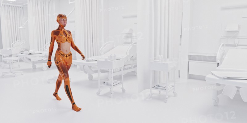 Orange android woman walking in white hospital