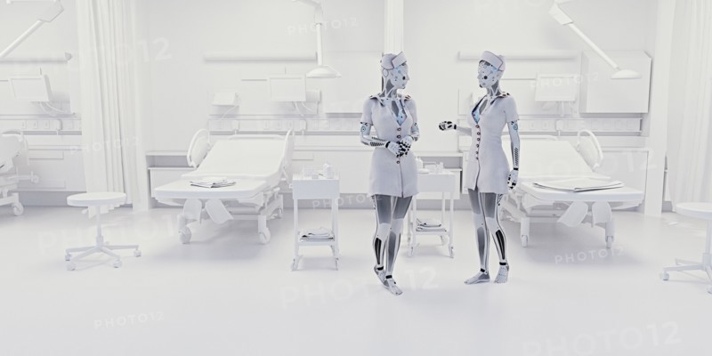 Robot nurses talking in hospital