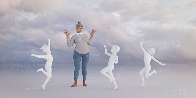 Woman watching dancing virtual children