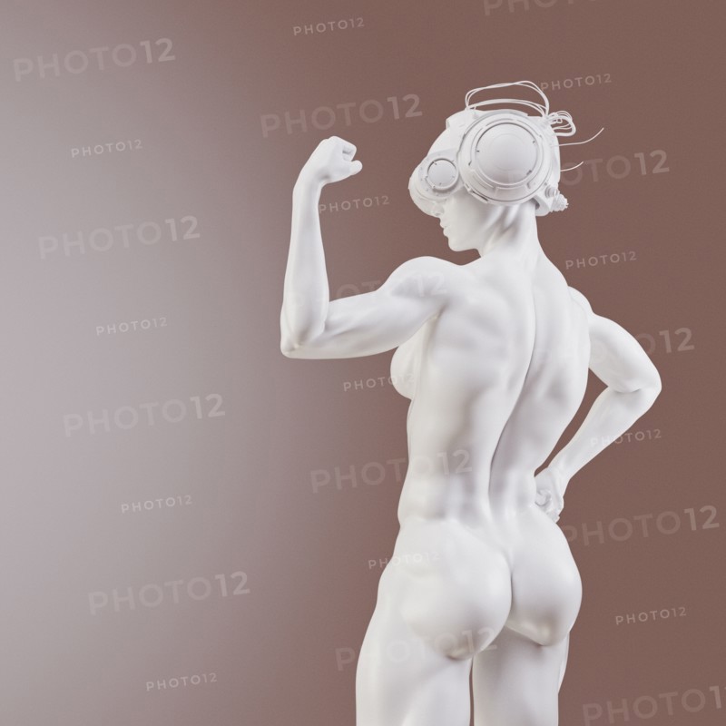 White muscular woman wearing virtual reality goggles flexing muscles