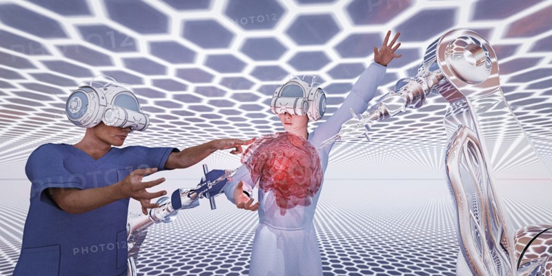 Doctors wearing virtual reality goggles performing brain surgery