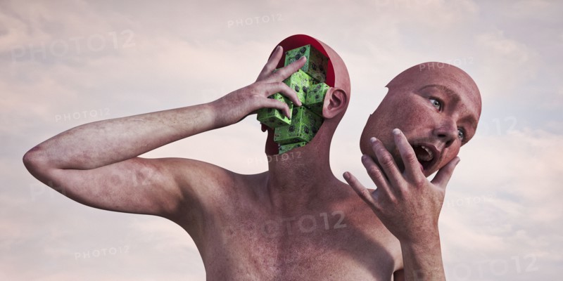 Robot man holding removable face mask and circuits
