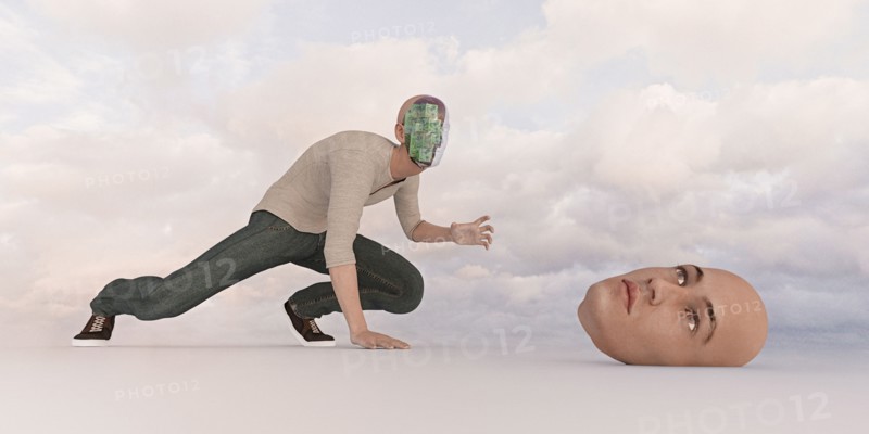 Robot man searching for removable face mask