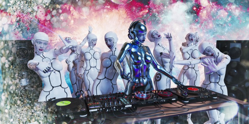 Robots dancing to music by robot woman disc jockey