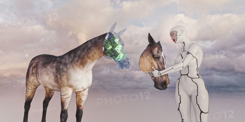 Robot woman removing face of horse revealing circuits
