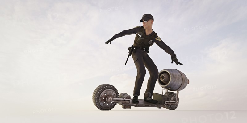 Police officer riding futuristic skateboard