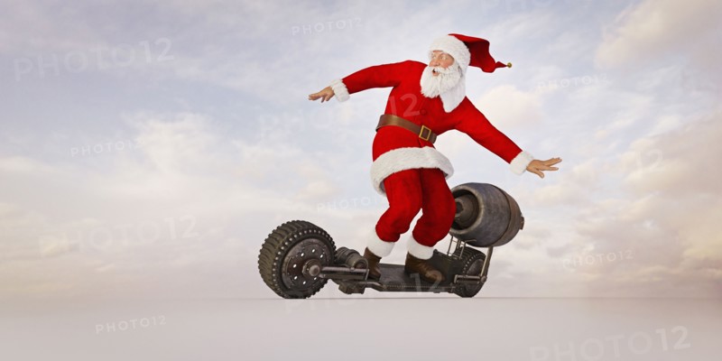 Santa riding futuristic skateboard
