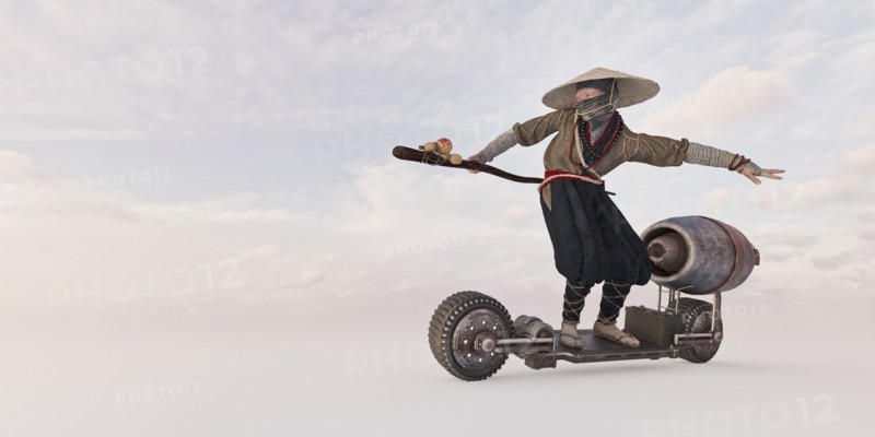 Traditional farmer riding futuristic skateboard
