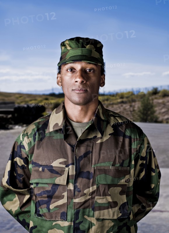 African American soldier in camouflage uniform