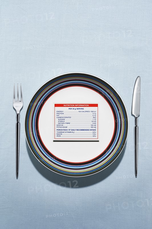 Nutrition label on plate in table setting
