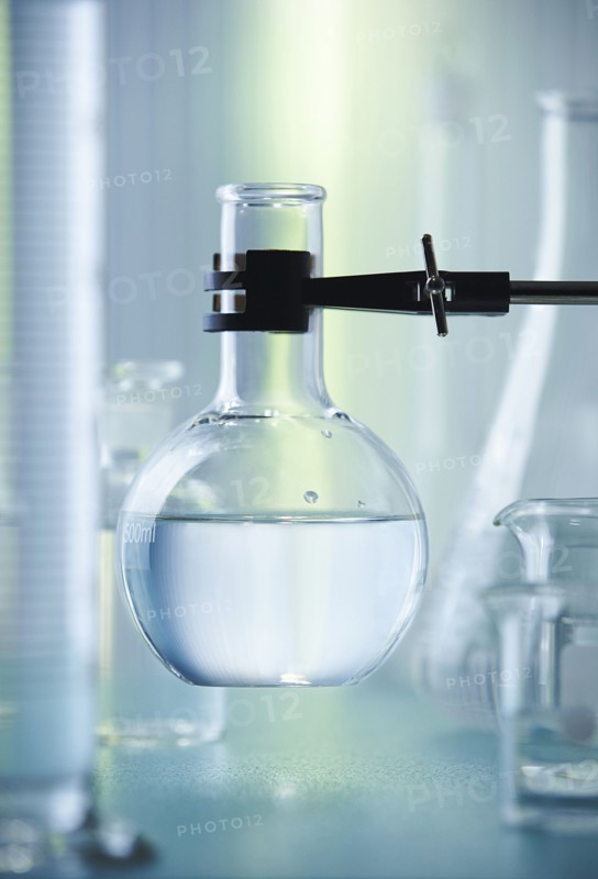 Beaker of liquid in lab