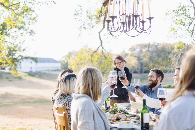 Friends toasting with wine at outdoor table