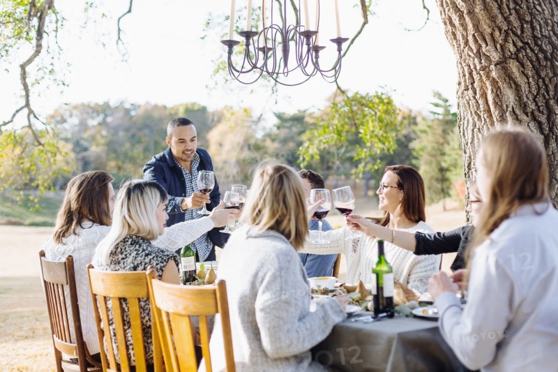 Friends toasting with wine at outdoor table