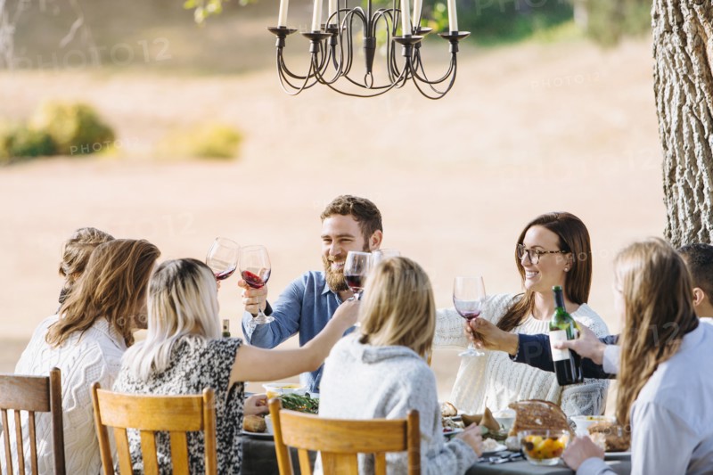 Friends toasting with wine at outdoor table
