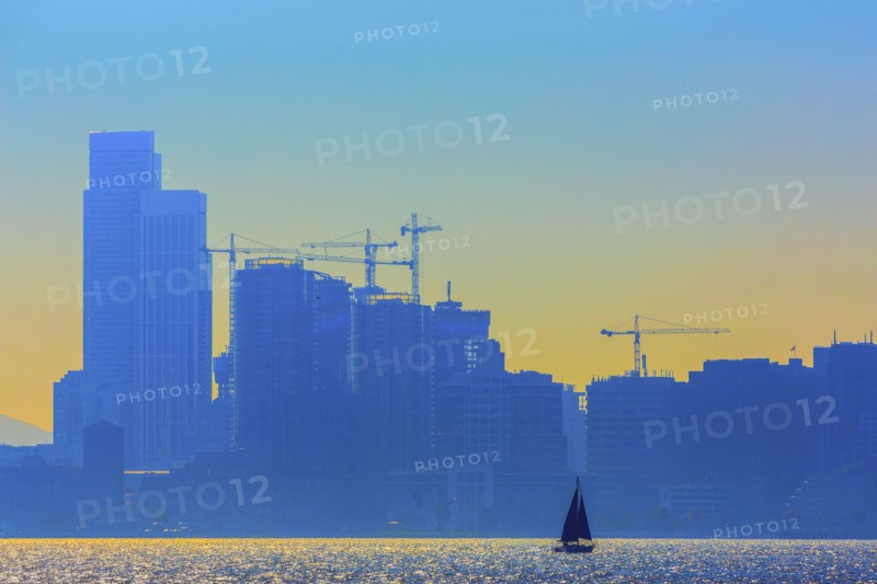 Silhouette of San Francisco city skyline over ocean