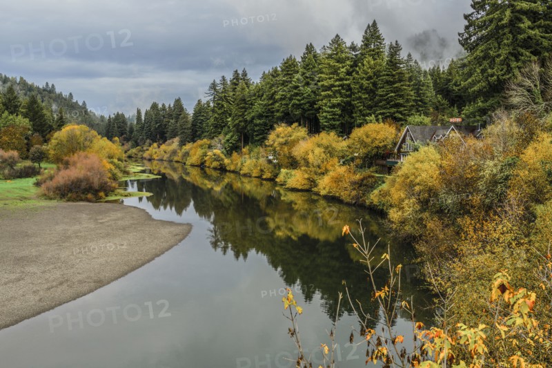 Still lake and house in remote forest