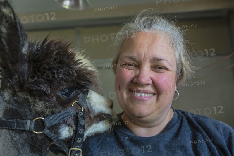 Caucasian farmer smiling with alpaca