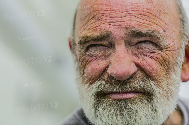 Close up of wrinkled face of Caucasian man