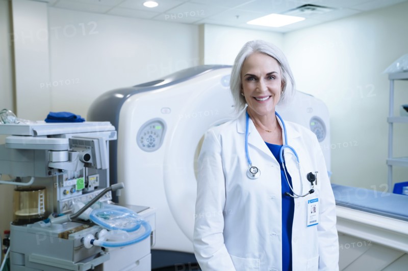 Portrait of smiling Caucasian doctor near scanner