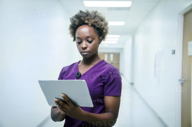 Black nurse using digital tablet in hospital