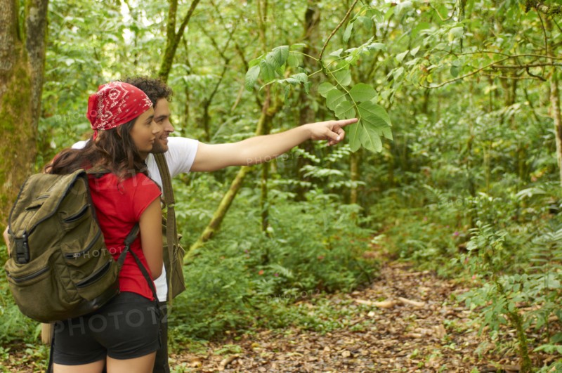 Hispanic couple hiking together in forest